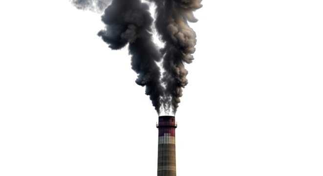 Dark industrial smoke plume rising from tall chimney stack against night sky