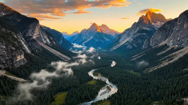 A stunning aerial drone shot flying through a majestic mountain valley at golden hour. This footage is perfect for travel and nature documentaries