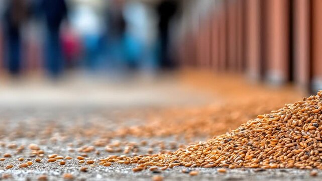 Close-up of golden grains, scattered on a surface, with blurred figures in the background