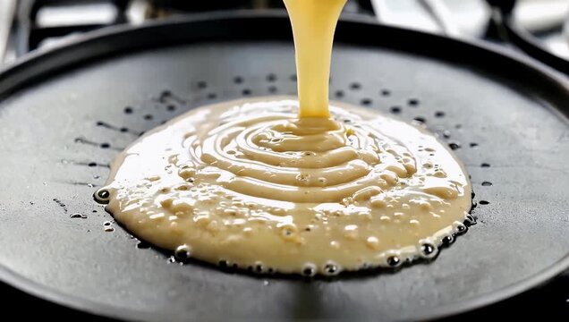 Pouring creamy batter onto a hot round griddle to cook fresh pancakes in a busy kitchen