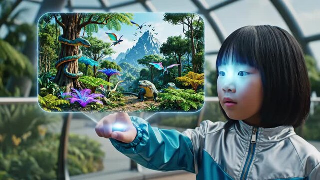 Young asian girl with amazed expression touches glowing digital light display in jewel changi airport dome, blending futuristic tech, rainforest plants and childhood wonder