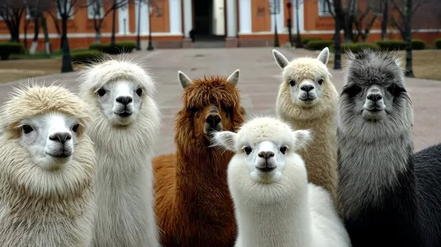 Group of friendly llamas gather in a sunny park showcasing their unique personalities and playful expressions during a spring afternoon