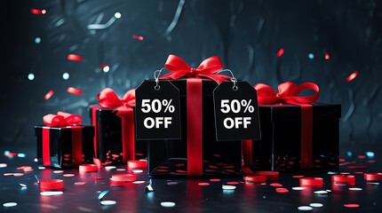 A Black Friday shopping scene featuring glossy black gift boxes with red ribbons, bold sale tags showing “50% OFF,” surrounded by scattered confetti and neon light reflections.