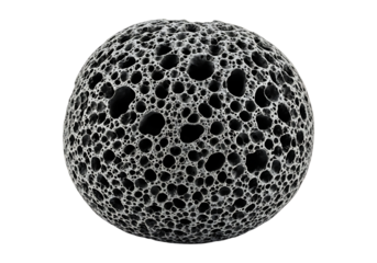 A porous, spherical object with a textured surface