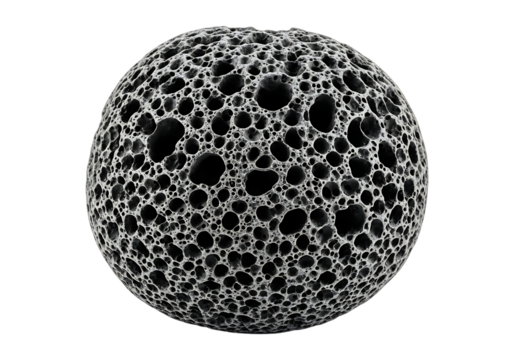 A porous, spherical object with a textured surface