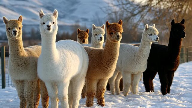 Group of friendly alpacas enjoying winter in a snowy landscape surrounded by mountains during the late afternoon sun