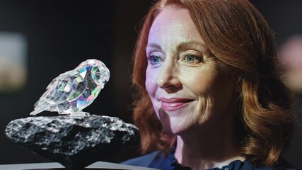 Woman marveling at a faceted crystal owl figurine, its iridescent surfaces reflecting colorful light, showcasing a sense of admiration and appreciation for art and luxury craftsmanship