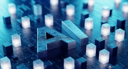 Ai letters on a circuit board with glowing cubes in a blue toned digital technology theme image