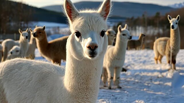 Snowy landscape with llamas and alpacas gathered in a peaceful pasture during the early morning sunlight