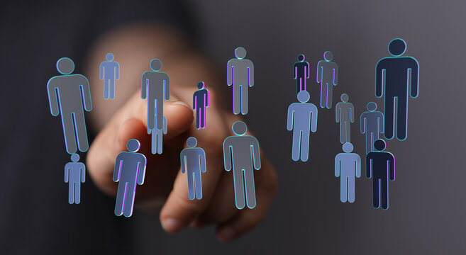 Hand pointing at connected people icons representing digital social network concept, teamwork and communication - Powered by Adobe