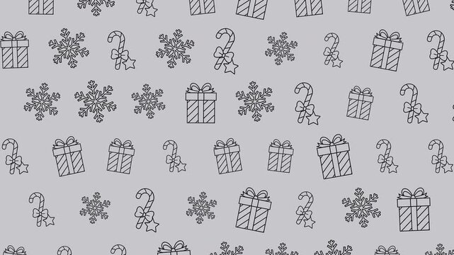 Christmas pattern with gifts, snowflakes, and candy canes.