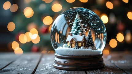 A professional photo of a crystal-clear glass snow globe with a meticulously designed miniature Christmas tree adorned with delicate ornaments and a small snow-covered house inside.