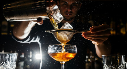 Bartender Pouring Cocktail into Glass with Ice and Splashes