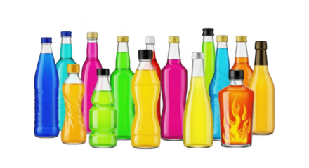 Vibrant assortment of colorful glass bottles filled with bright liquids