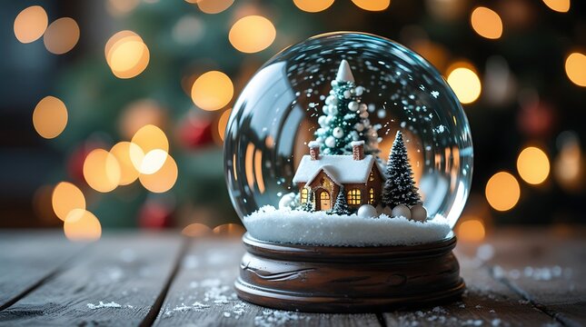 A professional photo of a crystal-clear glass snow globe with a meticulously designed miniature Christmas tree adorned with delicate ornaments and a small snow-covered house inside.