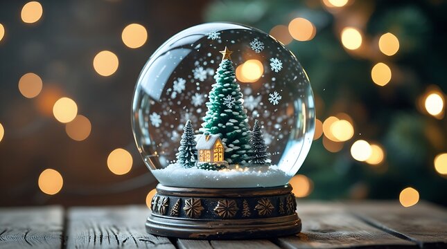 professional photo of a crystal-clear glass snow globe with a meticulously designed miniature Christmas tree adorned with delicate ornaments and a small snow-covered house inside.