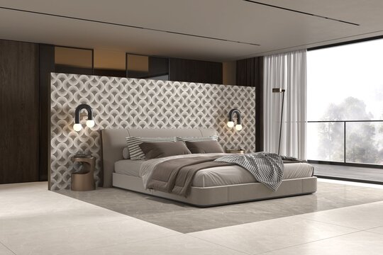 Modern bedroom interior design with glossy beige marble flooring, wooden double bed side tables and light beige walls. Mockup. 3D Rendering