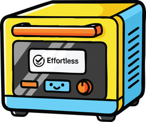 Yellow and Blue Cartoon Style Electronic Device With Digital Display Showing Checkmark And Text Effortless