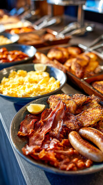 Breakfast buffet with scrambled eggs, bacon, sausages, and beans served on the buffet, along with lemon wedges for added zest.