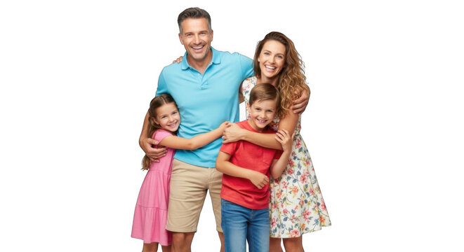 Happy family portrait parents with two children smiling together joyful moment