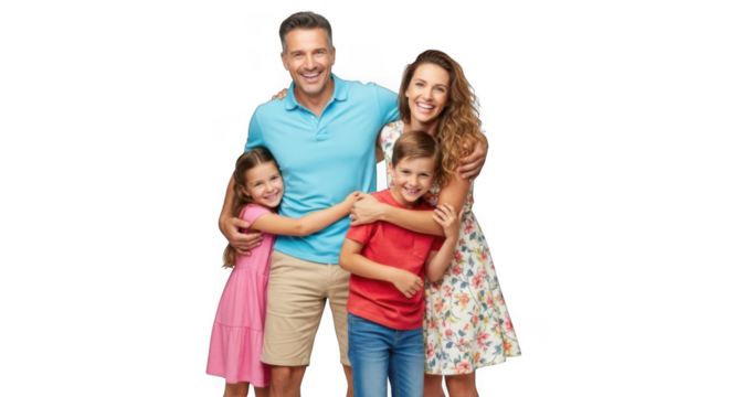 Happy family portrait parents with two children smiling together joyful moment