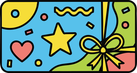 Gift Card With Star Heart Confetti And Ribbon On Blue Yellow Green Background