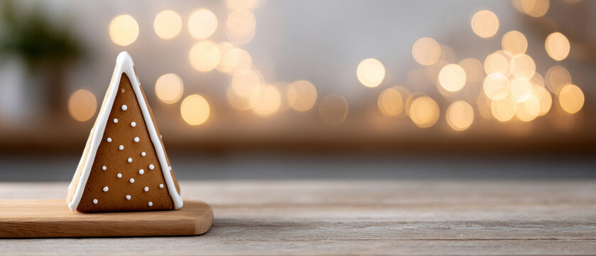 A gingerbread tree with white icing on a wooden board, in front of blurred lights and bokeh effect background