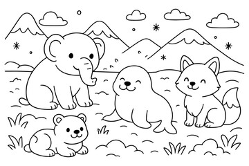 Cute Coloring Page Cartoon Animals Elephant Seal Bear Fox Sitting Together Outdoors with Mountains and Clouds