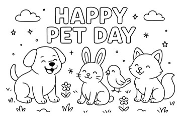 Happy Pet Day Coloring Page with Cute Dog, Cat, Rabbit, Bird and Flowers