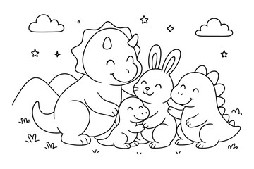 Cute Coloring Page Cartoon Dinosaurs and Bunny Hugging Together in a Field with Stars and Clouds