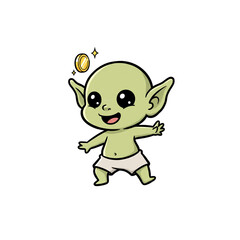 Fototapeta premium Happy Chibi Being with Big Eyes and Golden Coin