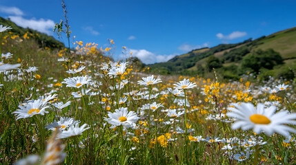 White daisies and yellow wildflowers bloom under a bright blue sky yellow flowers white flowers