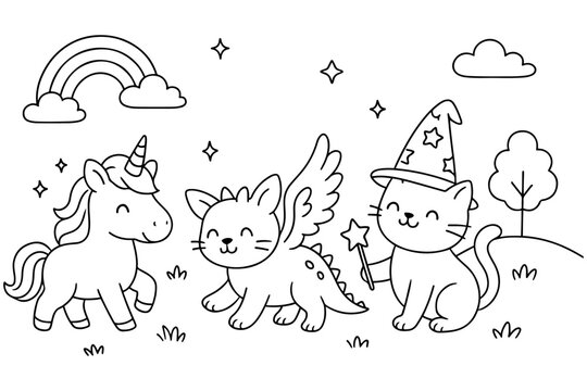 Cute Coloring Page Cartoon Unicorn, Dragon Cat, and Wizard Cat Characters with Rainbow and Stars