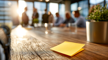 Blurred figures meet at a wooden table where a yellow notepad lies nearby, symbolizing collaboration and innovative ideas for the future.
