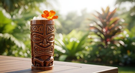 Tiki cocktail in tropical garden drink wooden