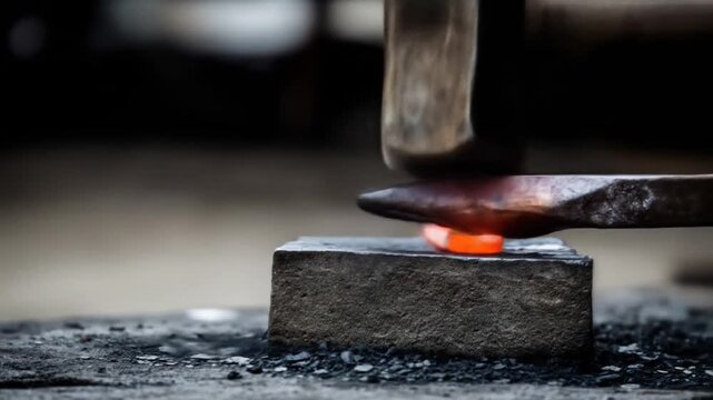 Close-up of a blacksmith shaping hot metal with a hammer and anvil, creating sparks