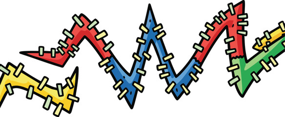 Patchwork Zigzag Line with Colorful Fabric Sections and Stitched Details on White