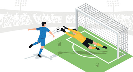 Soccer goalkeeper saving goal attempt in exciting isometric soccer match scene
