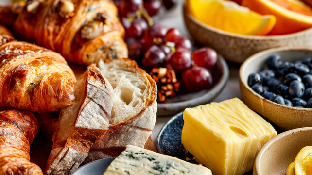 Delicious spread of fresh croissants, bread, cheese, blueberries, oranges, and grapes, perfect for a brunch or a fancy breakfast.