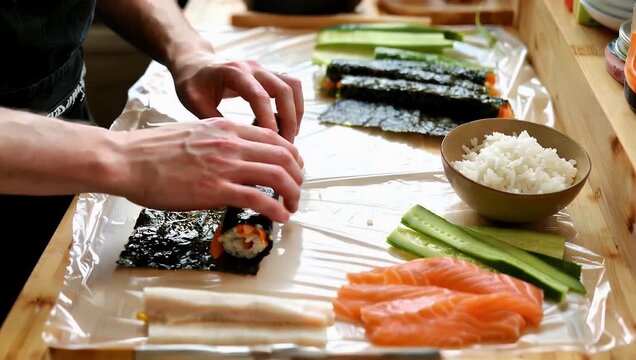 Sushi preparation close up hands arranging salmon cucumber and rice on wooden board