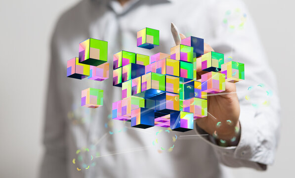 Innovative digital technology with hand pointing to futuristic 3D cubes, data processing visualization.