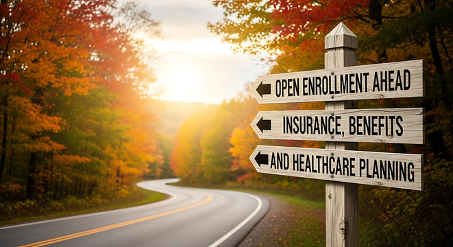 Road sign with arrows pointing to open enrollment, insurance, benefits, and healthcare planning during autumn