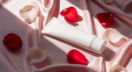 Blank White Cosmetic Tube Mockup on Pink Silk Fabric with Rose Petals