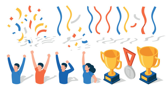 Isometric celebration scene with trophies, medals, and diverse characters