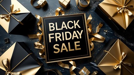 Luxury shopping bags in black and gold color scheme with bold “BLACK FRIDAY SALE” text printed on them, surrounded by metallic ribbons and glitter on a dark marble surface.