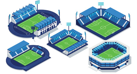 Isometric soccer stadiums collection: modern architectural designs in vibrant blue tones