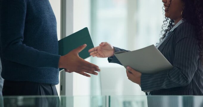 Business people, handshake and meeting in office with finance report, budget review or statement. Accountant, welcome and shaking hands with tech for financial audit or company performance evaluation