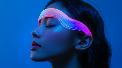 Asianwoman, AI NeuroWave Veil, wearable device for emotional regulation and tranquility, translucent headband that emits a slow bioluminescent rhythm, neuronal resonance field that harmonizes