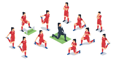 Isometric female soccer team meeting coach on sports field