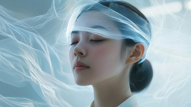 Asianwoman, AI NeuroWave Veil, wearable device for emotional regulation and tranquility, translucent headband that emits a slow bioluminescent rhythm, neuronal resonance field that harmonizes
